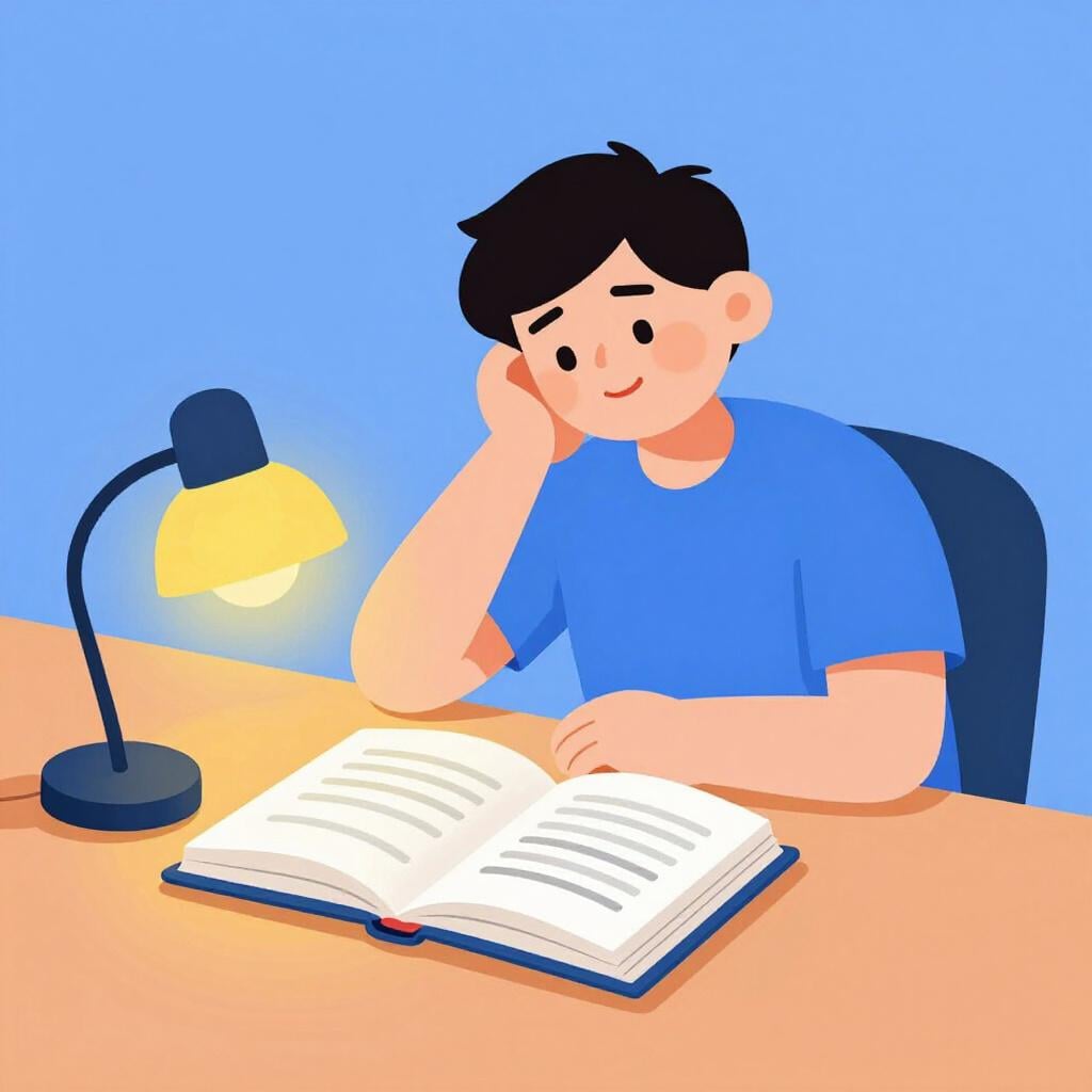 A person sitting at a wooden desk with an open book and a glowing lamp, leaning back with a satisfied smile.