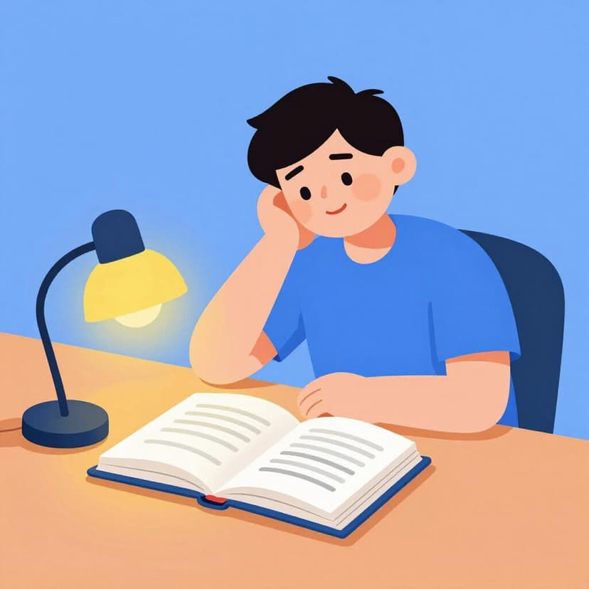 Eine Person sitzt an einem Holztisch mit einem offenen Buch und einer leuchtenden Lampe, lehnt sich zurück mit einem zufriedenen Lächeln.