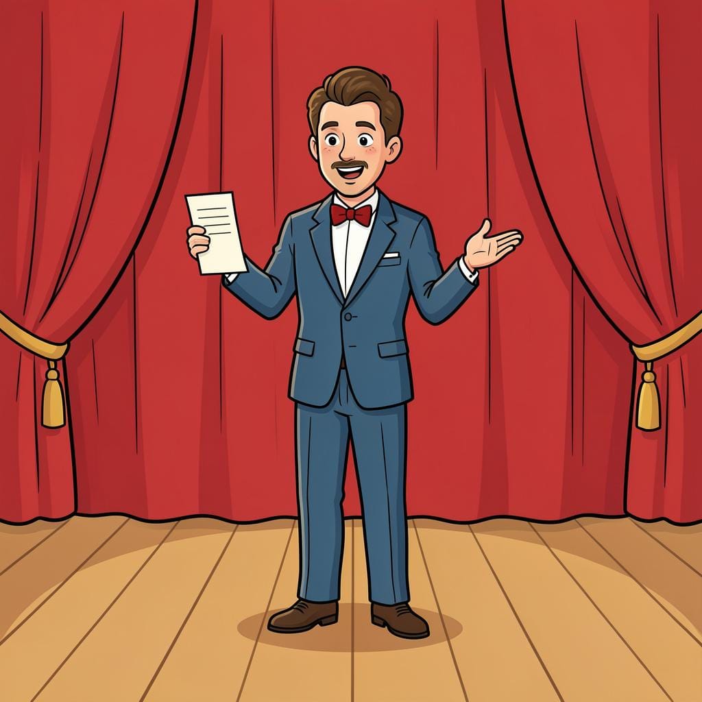 An actor on a stage under a spotlight, holding a script and performing with expressive gestures.