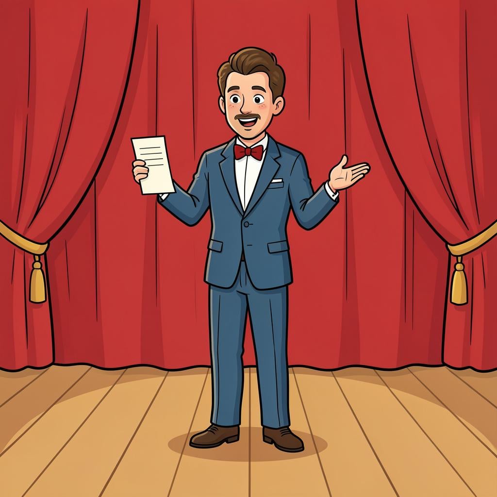 An actor on a stage under a spotlight, holding a script and performing with expressive gestures.