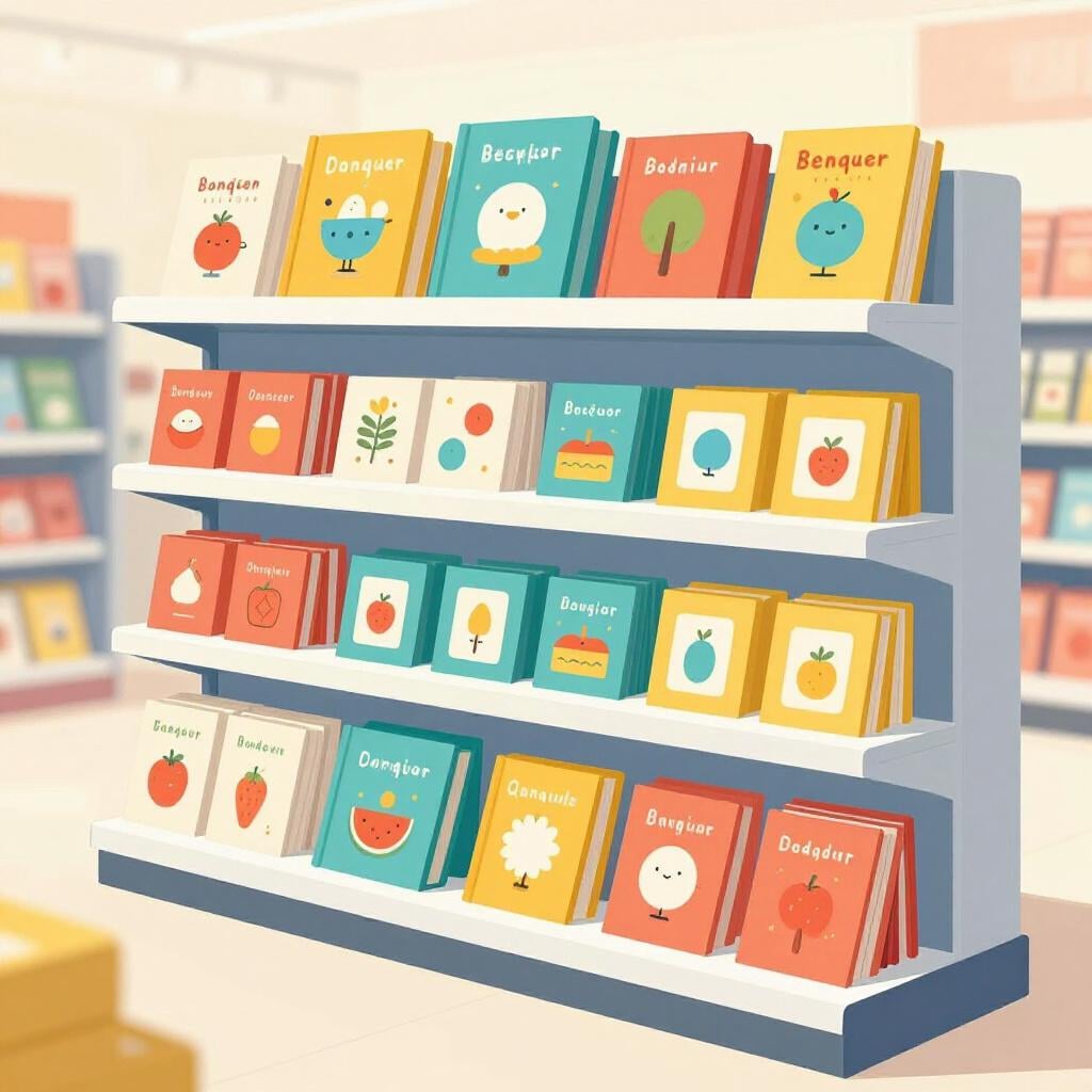 A brightly lit shop window displaying a collection of brand new, colorful shoes and bags on clean white pedestals.