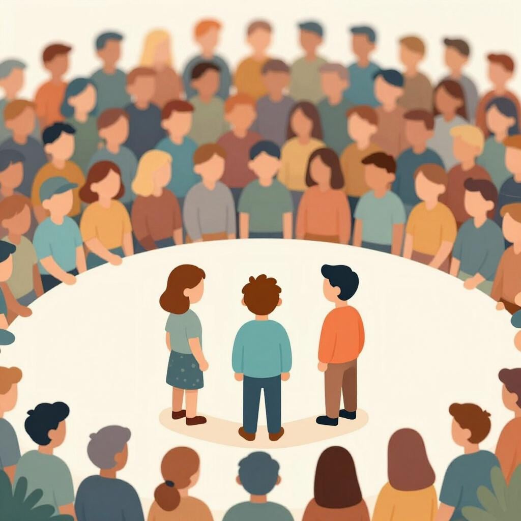 A small group of three people wearing blue shirts standing apart from a large crowd wearing red shirts.