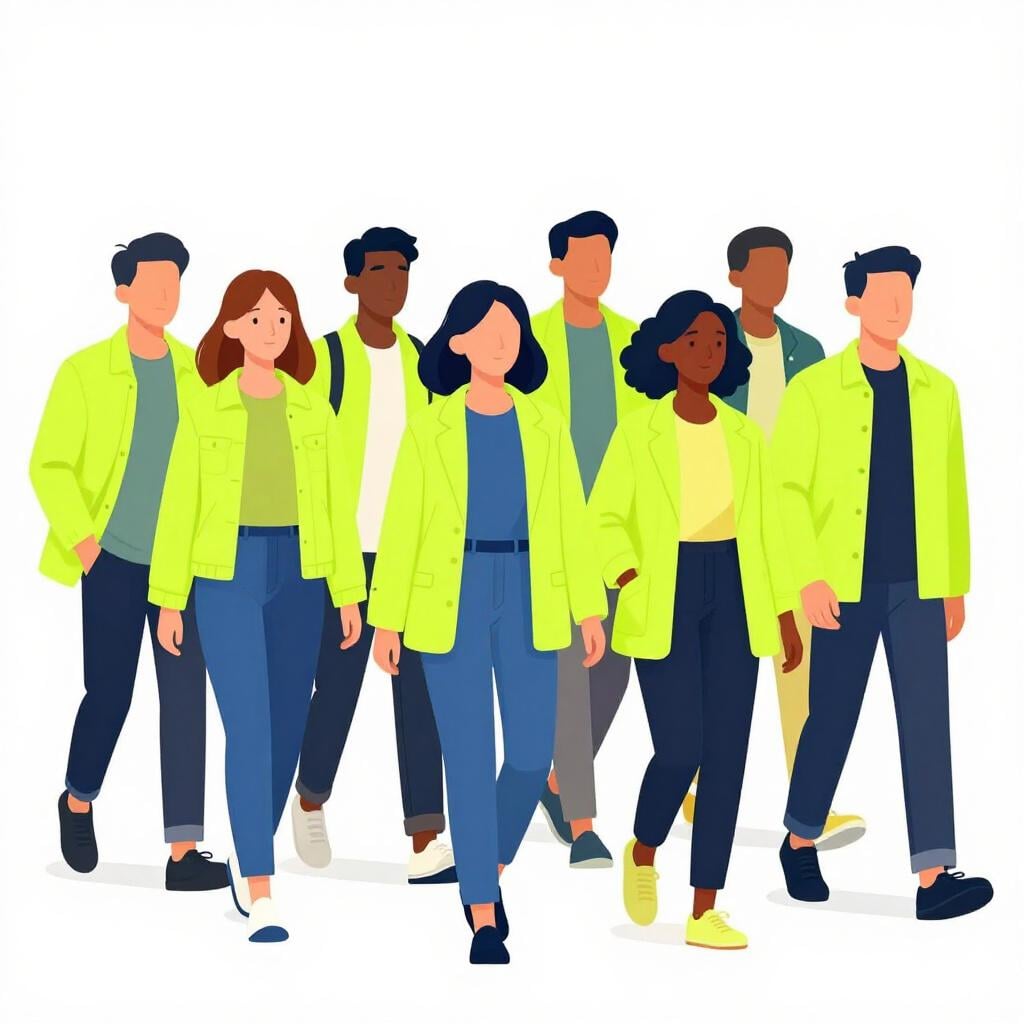 A row of people wearing bright neon yellow jackets, following a leader in the same style.