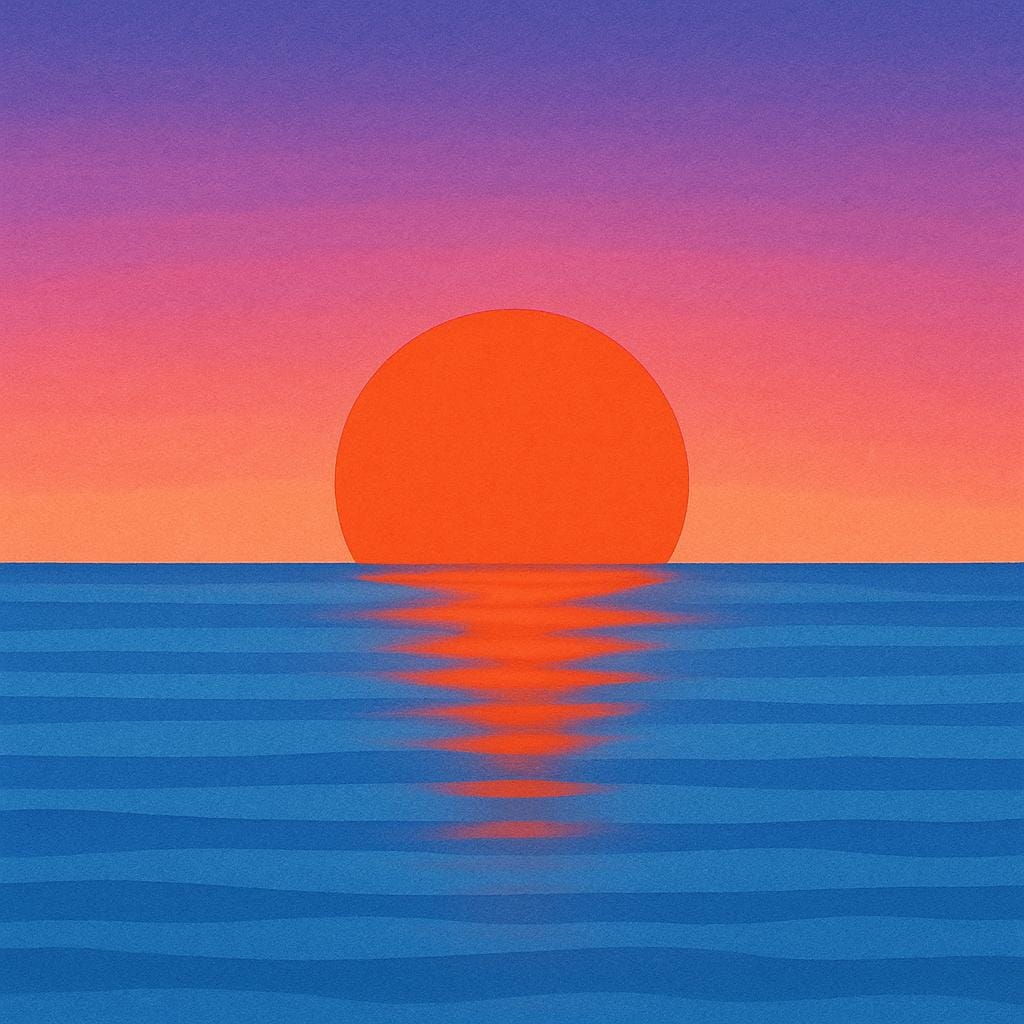 A vibrant orange and red sun dipping below a distant horizon line, illustrating a sunset.