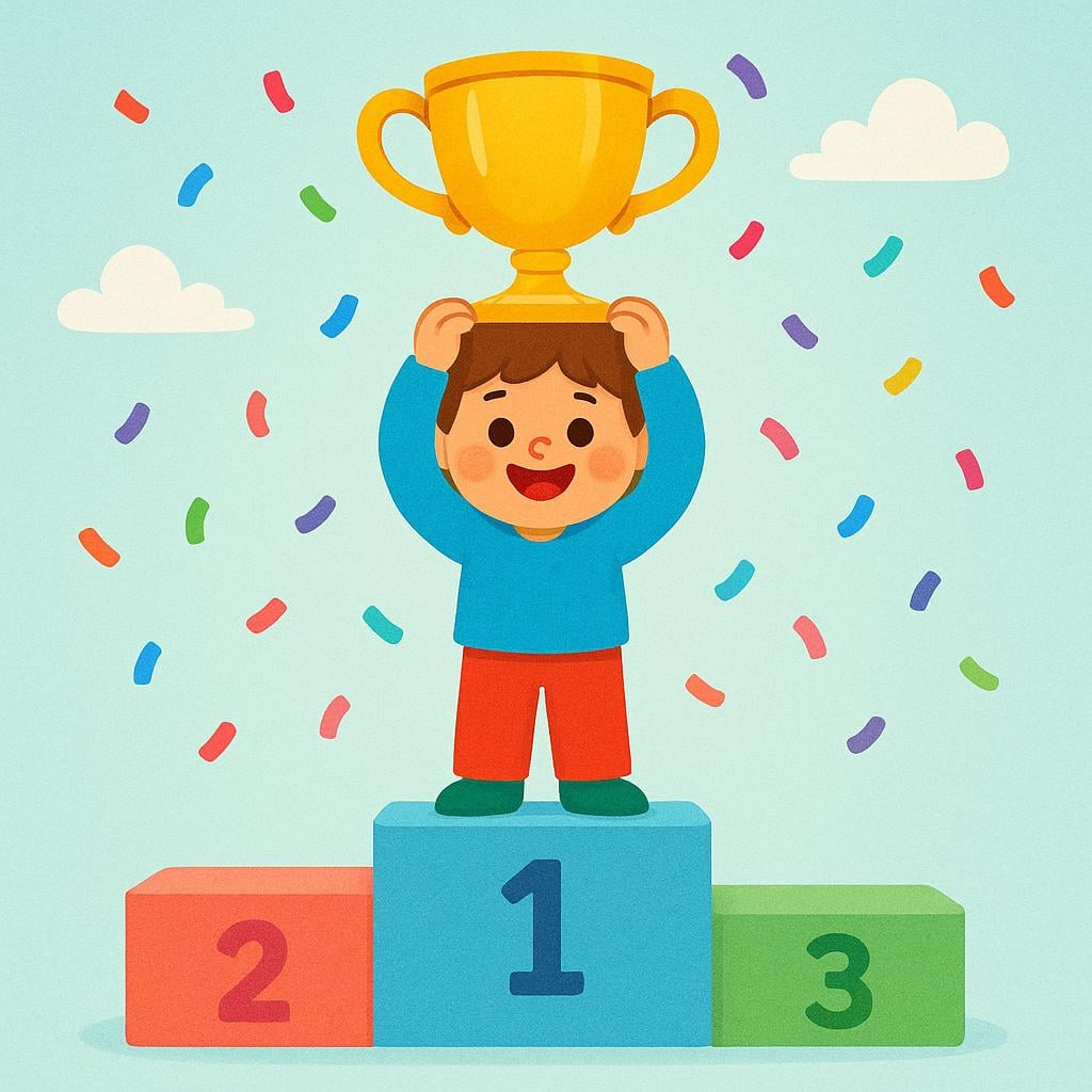 A cartoon athlete standing on the highest step of a podium, raising a large shiny gold trophy in victory.