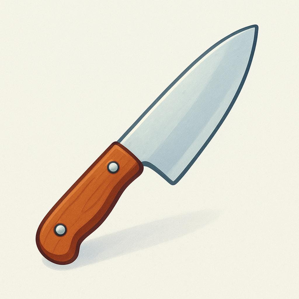 A stylized illustration of a chef's knife with a silver blade and a wooden handle.
