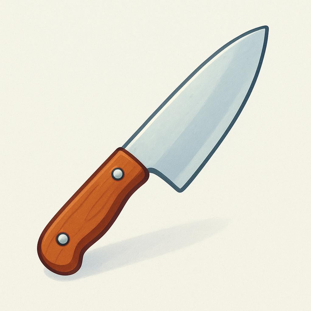 A stylized illustration of a chef's knife with a silver blade and a wooden handle.