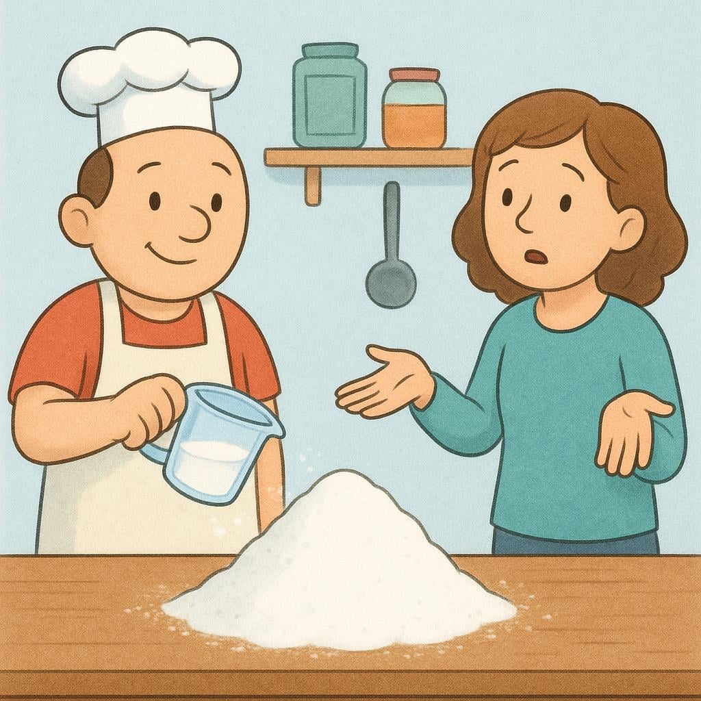 A baker holds a measuring cup over a large pile of white flour, while another person stands nearby, using a questioning gesture toward the flour, inquiring about the unknown quantity needed.