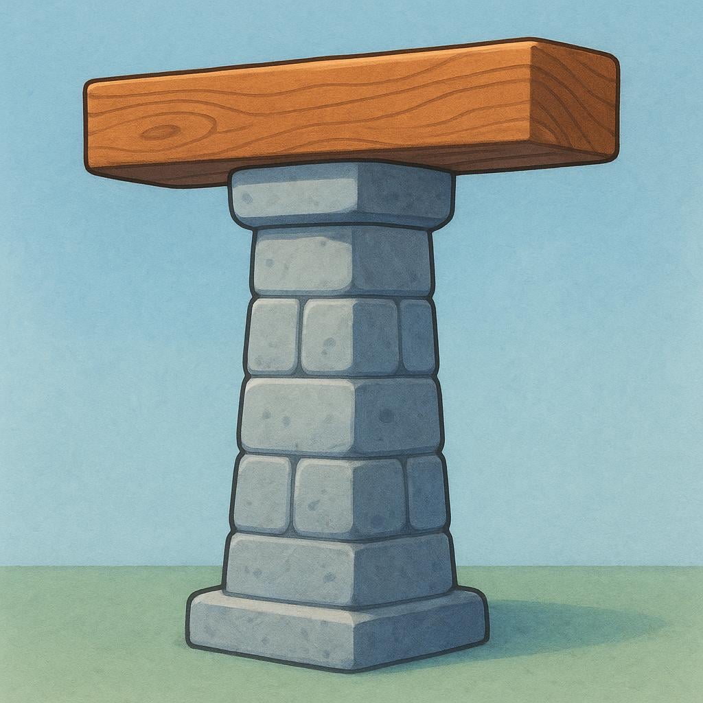 A sturdy stone pillar supporting a large wooden roof beam, illustrating duty and purpose.