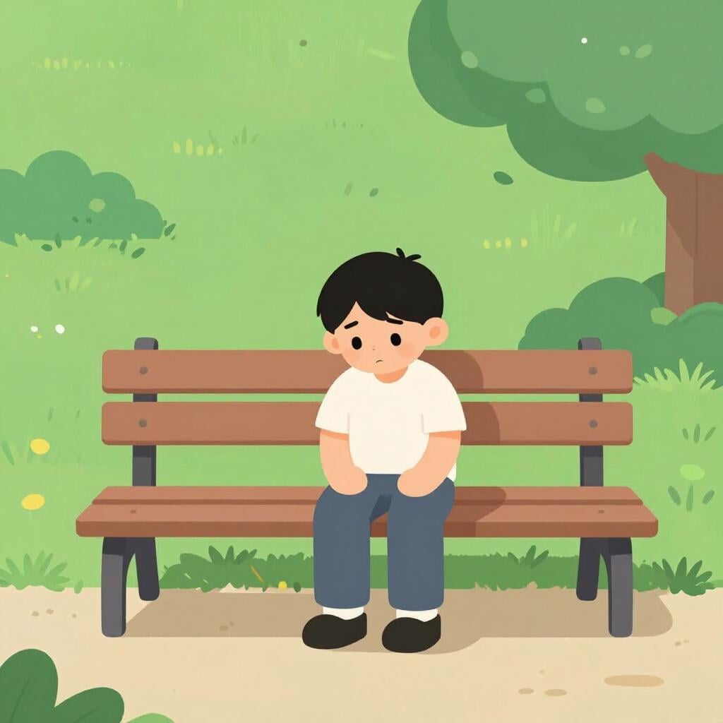 A sad person sitting alone on a wooden bench looking down with a sorrowful expression.