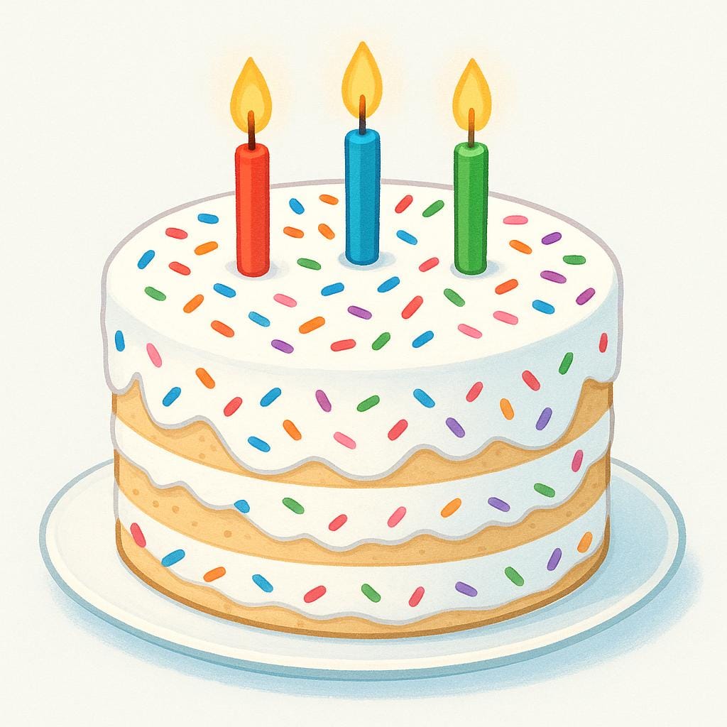 A brightly colored, three-layered celebratory cake decorated with white frosting, colorful sprinkles, and three lit candles, sitting on a simple serving platter.
