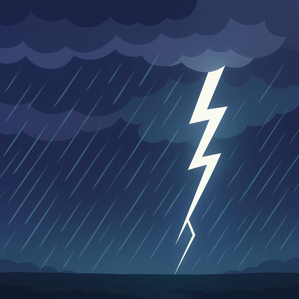 A dramatic illustration of a severe weather storm with dark, heavy rain clouds, heavy falling rain, and a bright lightning bolt striking the landscape.