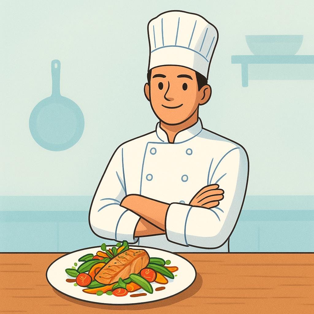 A confident young chef wearing a crisp white uniform and toque, standing proudly with crossed arms next to a counter displaying a beautifully plated, colorful meal.