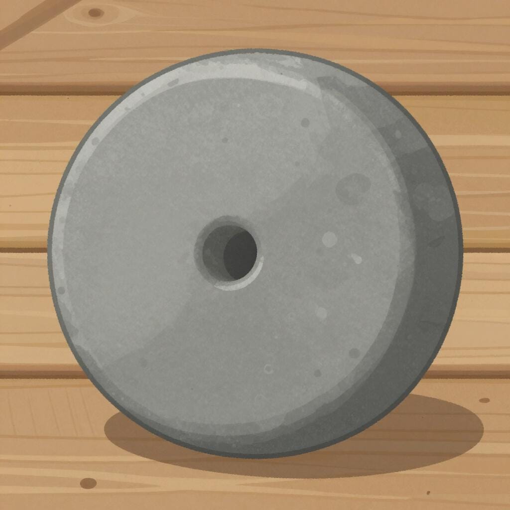 A large, round grey stone with a hole in the center used for grinding grain.