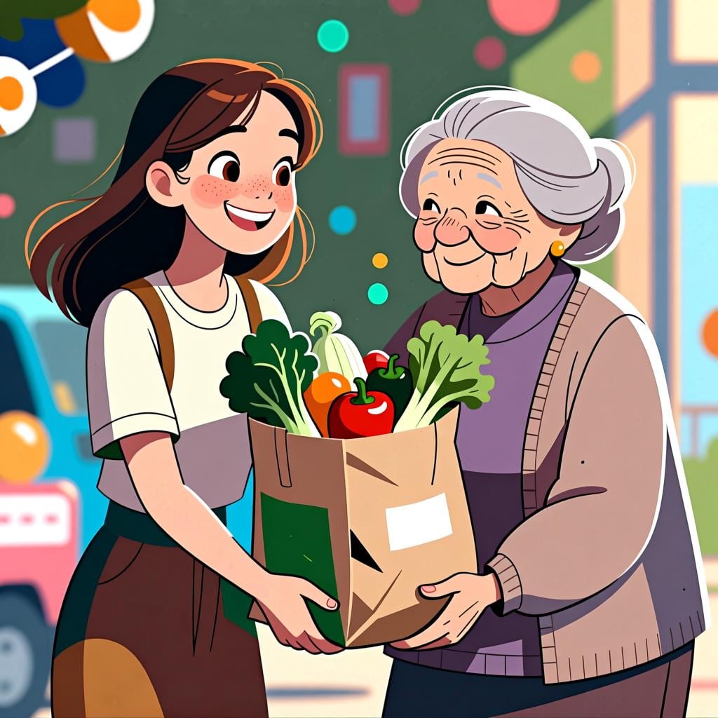 A woman kindly helping an elderly woman with her grocery bag.