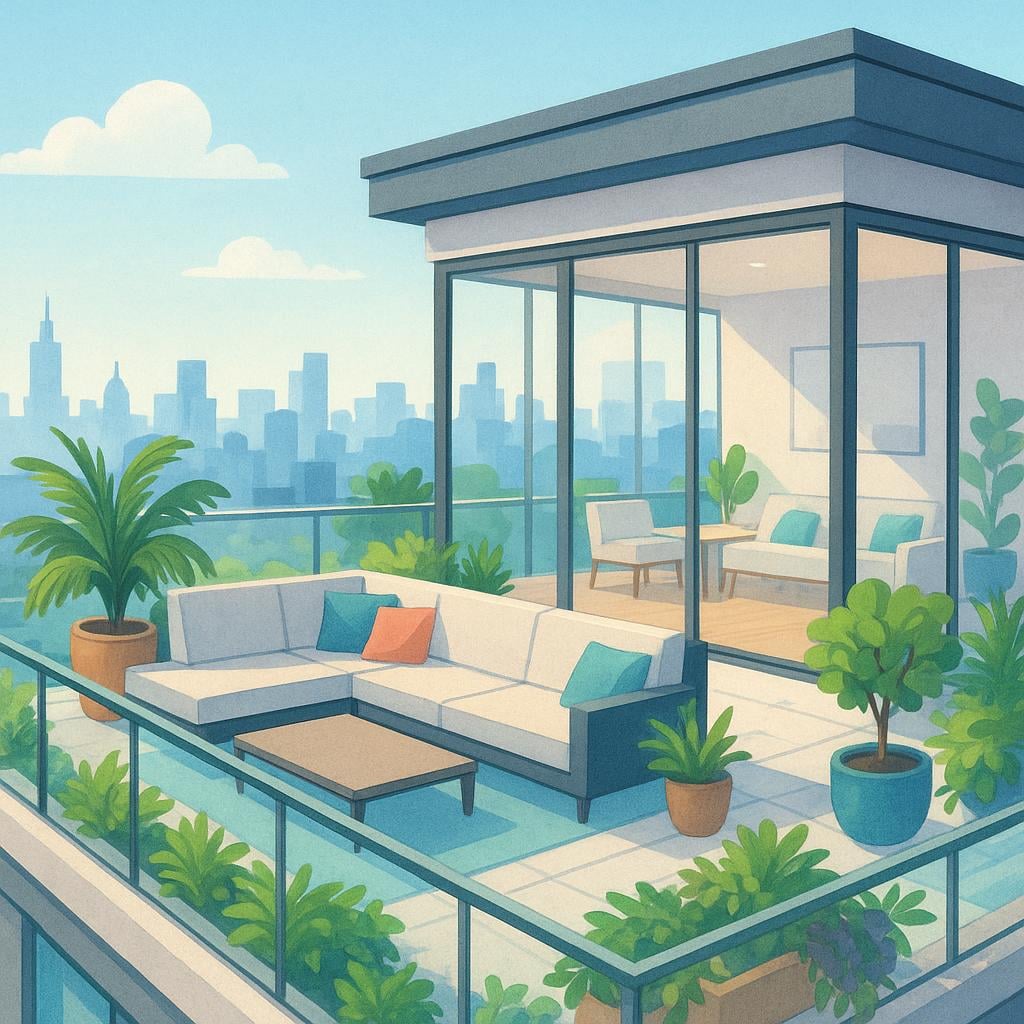 A luxurious top-floor apartment with a spacious balcony overlooking a city skyline.