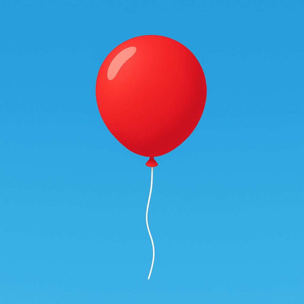 A bright red helium balloon floating high against a clear blue sky.