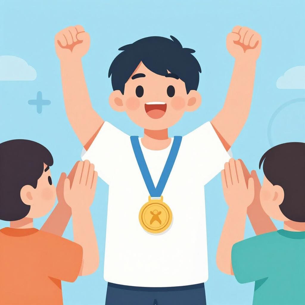 Een groep blije vrienden die klappen en juichen voor een persoon die een gouden medaille draagt.