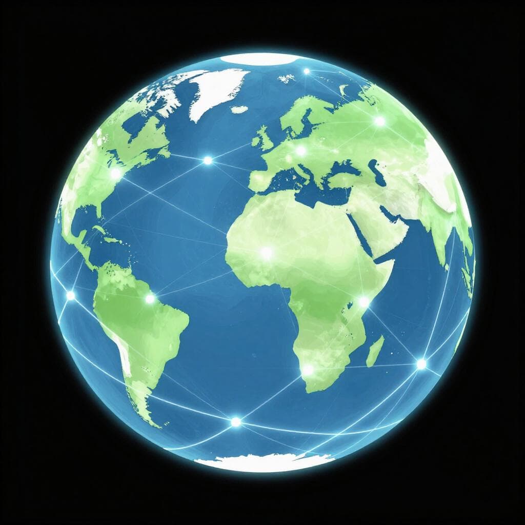A simple illustration of the Earth globe covered in a luminous network of interconnected lines and dots, showing global connectivity.