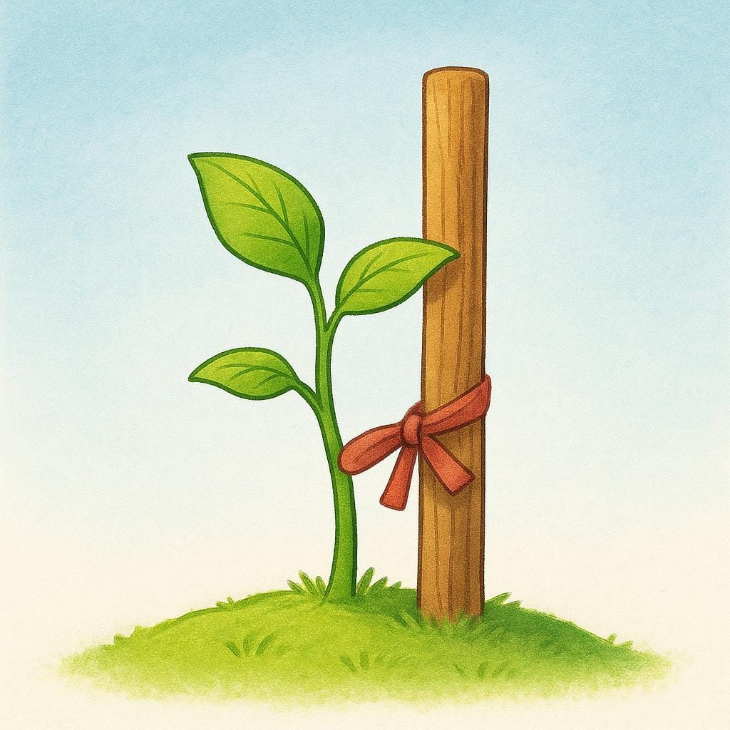 A small, hesitant young sapling being held upright by a sturdy, large wooden stake tied securely to it.