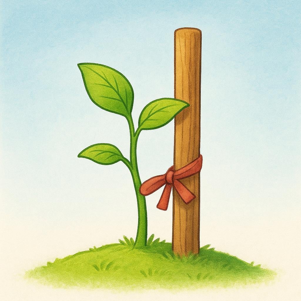 A small, hesitant young sapling being held upright by a sturdy, large wooden stake tied securely to it.
