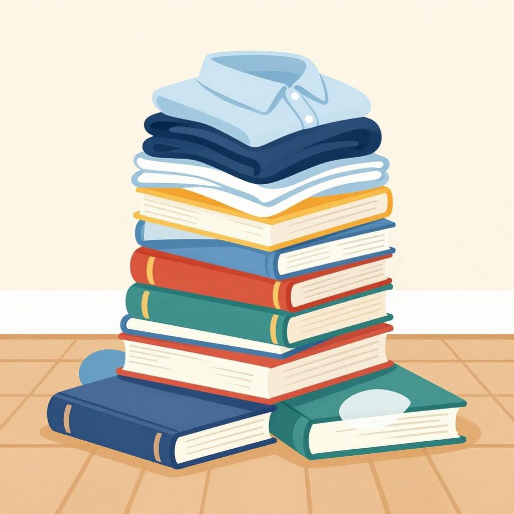 Een grote, hoge stapel kleurrijke kleding en boeken op een houten vloer.