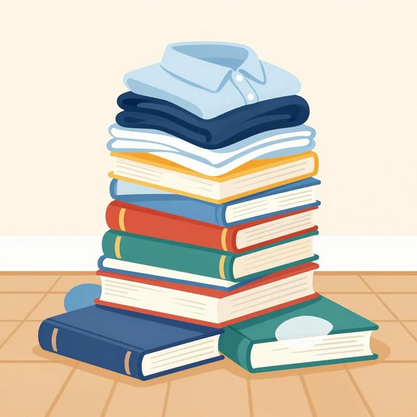 Een grote, hoge stapel kleurrijke kleding en boeken op een houten vloer.