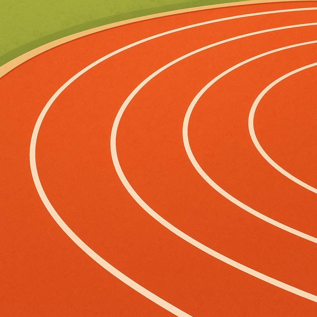 A curved, reddish-brown athletic running track, clearly marked with white lane lines, ready for a race.