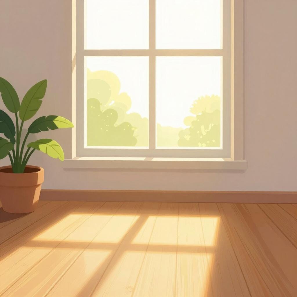 Une douce lumière dorée du soleil traversant une fenêtre et illuminant une pièce confortable.