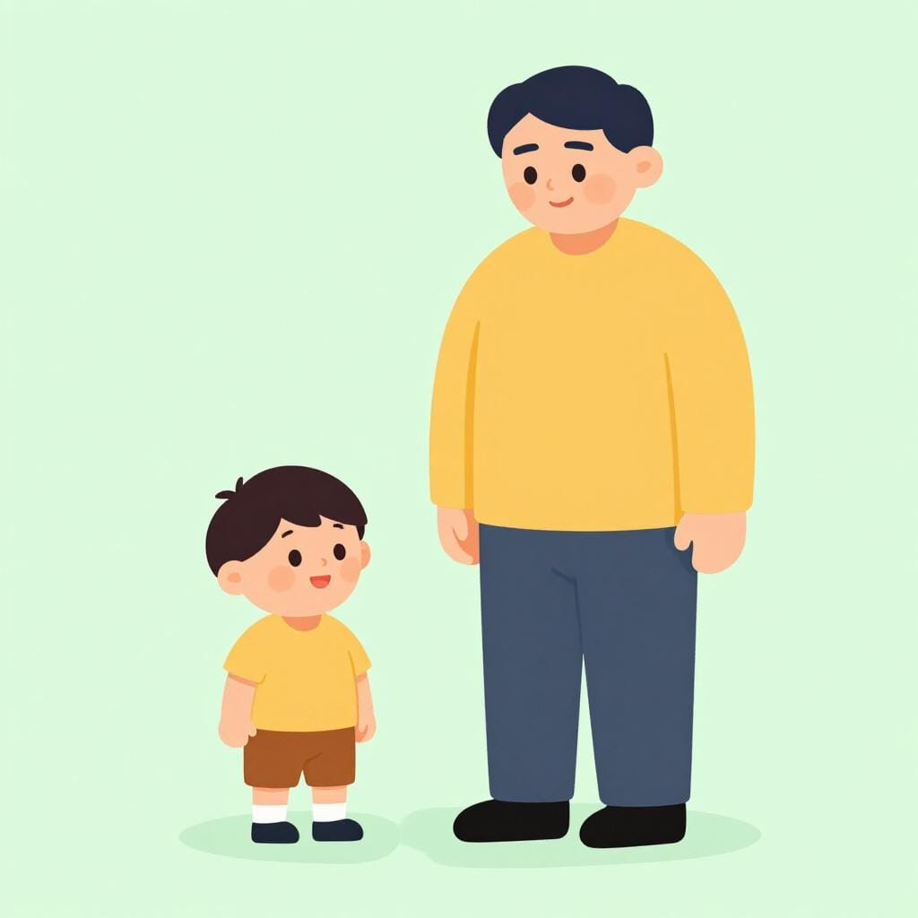 A small child and a tall adult standing side by side, showing growth.