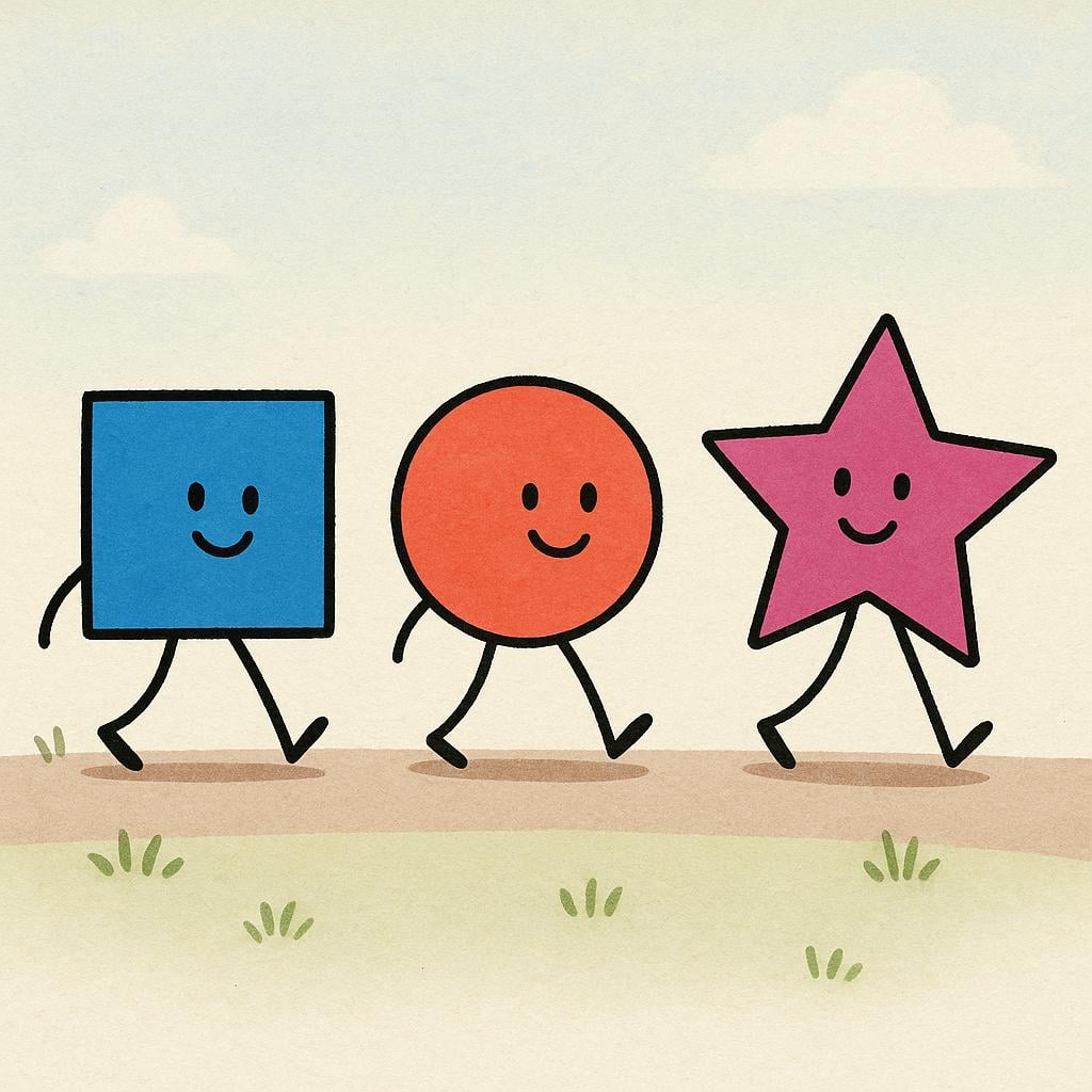 A simple illustration showing three brightly colored, primary shapes—a square, a circle, and a star—lined up and walking along a path, emphasizing the sequential order of the star following the other two.