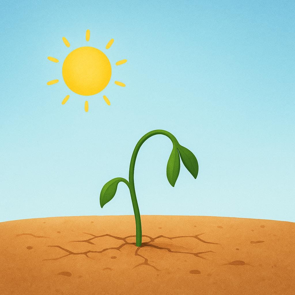 A small green plant wilting under a very hot sun.