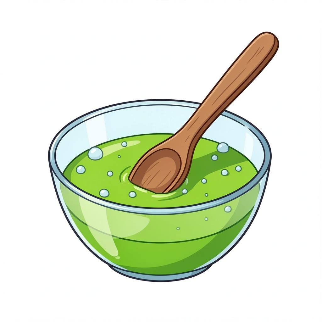 A colorful liquid mixture being stirred in a glass bowl with a wooden spoon.