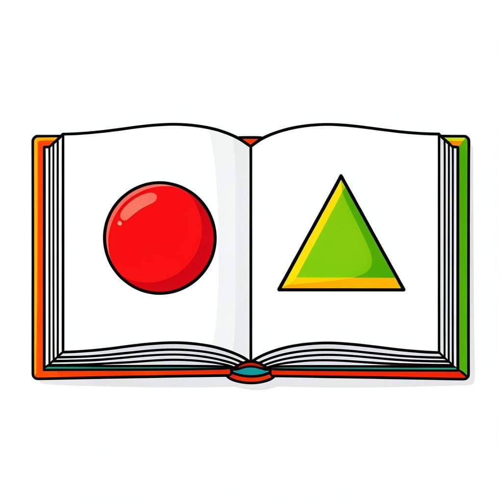 A colorful storybook illustration of a small open book showing simple geometric shapes like a circle and a triangle with glowing lines around them.