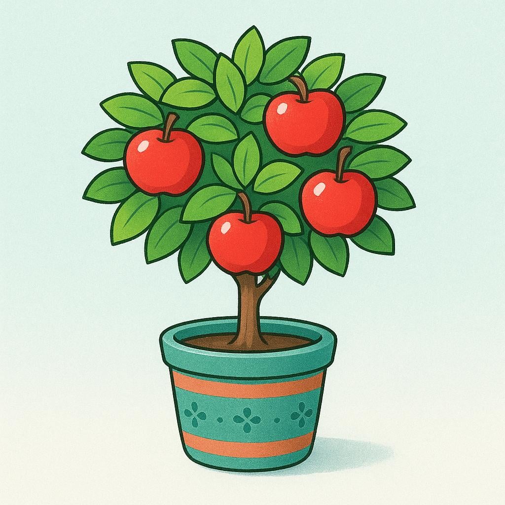 A high quality simple colorful storybook illustration showing a tiny, healthy apple tree bearing full-sized apples, planted in a small decorative pot.