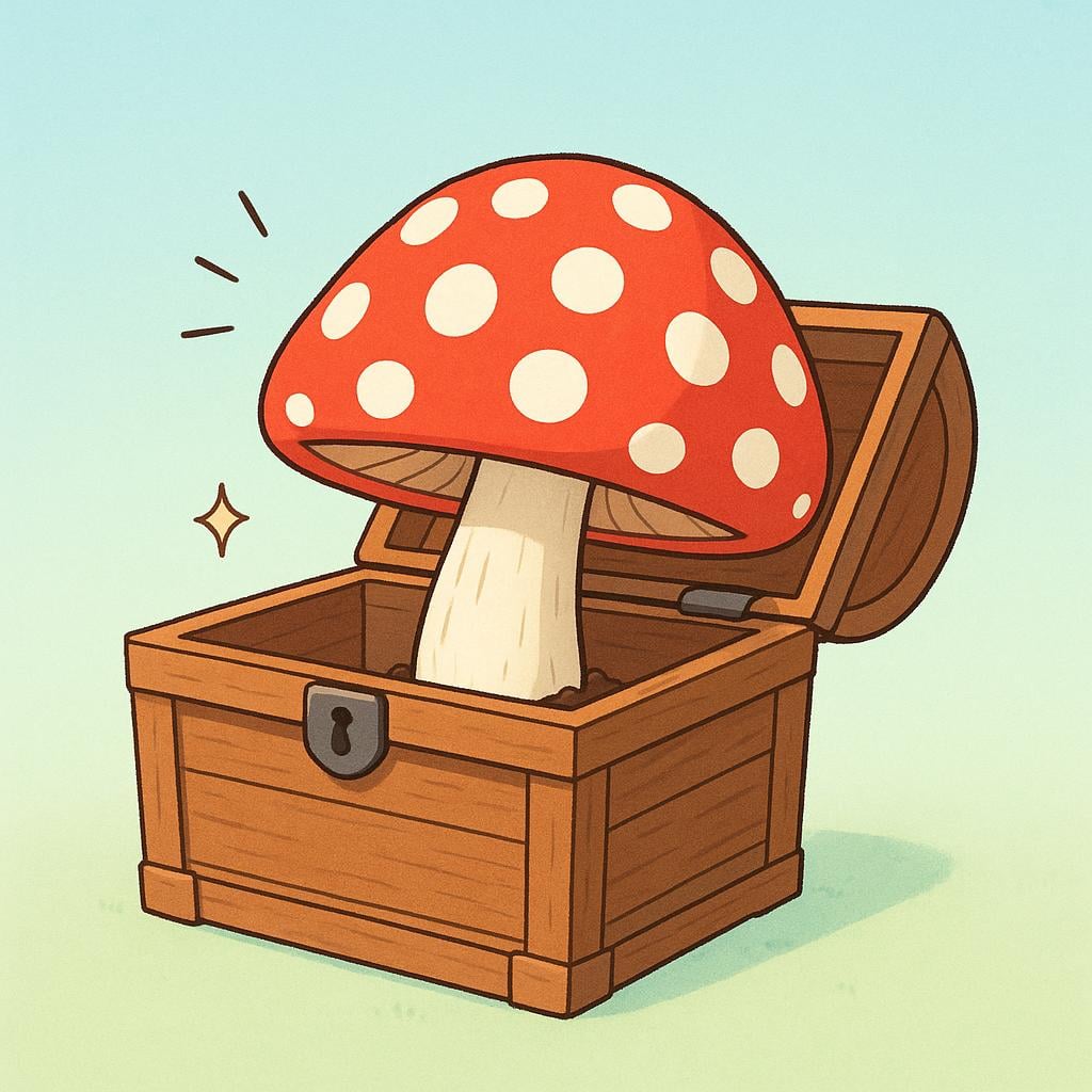 A colorful storybook illustration showing a small, plain wooden box suddenly popping open to reveal a giant, bright red polka-dot mushroom growing out of it, symbolizing a surprising discovery or unexpected fact.