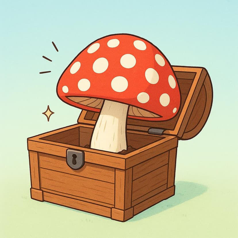 A colorful storybook illustration showing a small, plain wooden box suddenly popping open to reveal a giant, bright red polka-dot mushroom growing out of it, symbolizing a surprising discovery or unexpected fact.