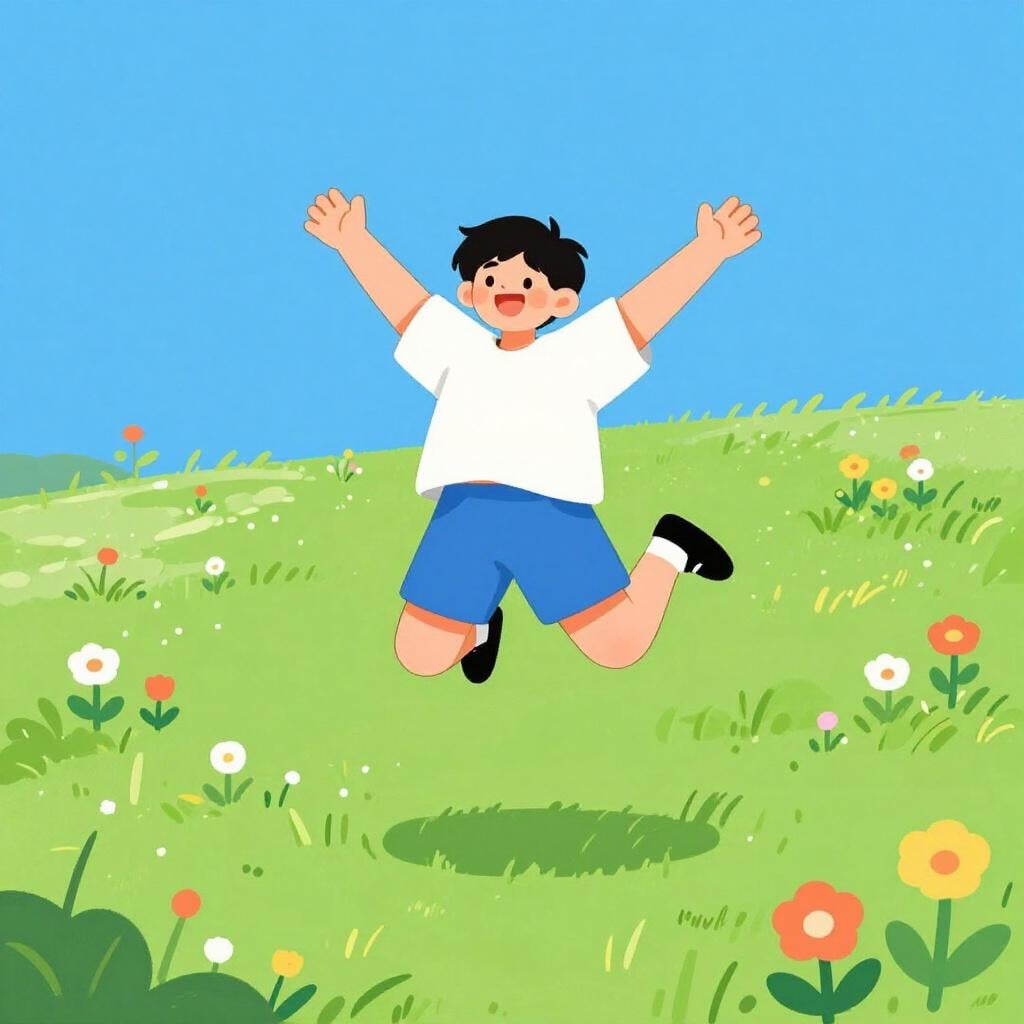 A joyful person jumping in the air with a big smile in a colorful park.