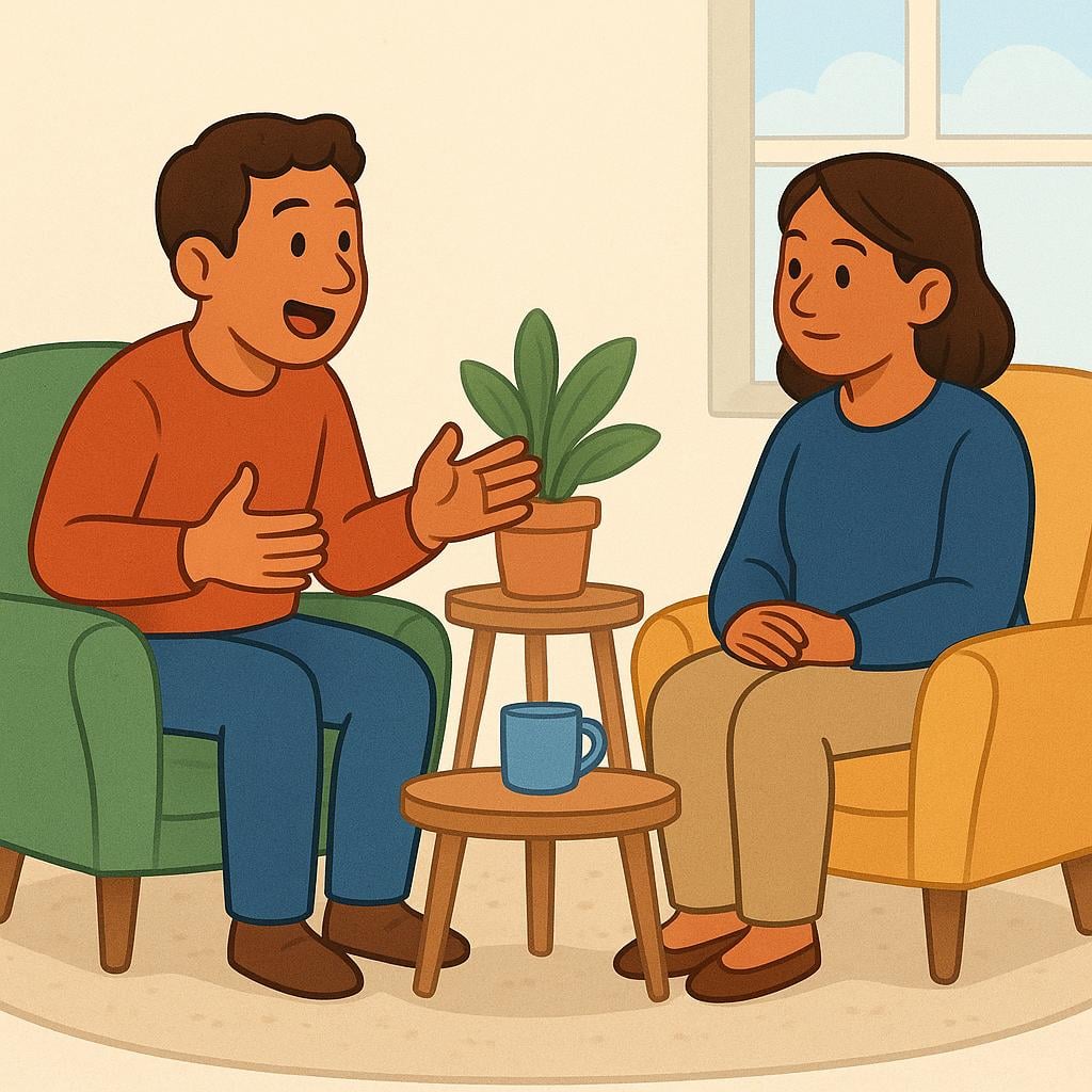 Two adults sitting on comfortable chairs facing each other. One adult is leaning forward with an expressive, open-mouthed gesture, actively telling a story, while the other adult is listening intently.