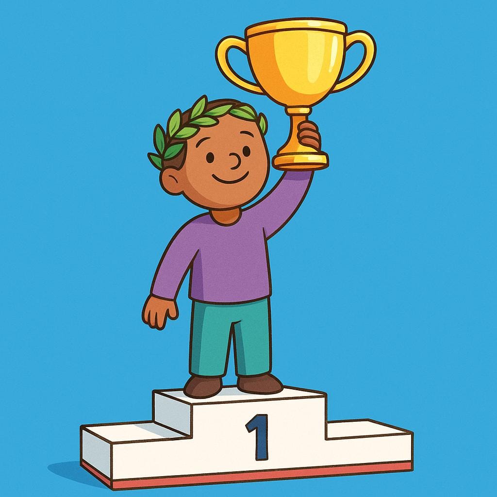 A stylized figure standing on the top tier of a winner's podium, wearing a laurel wreath and holding a shiny golden trophy high above their head.
