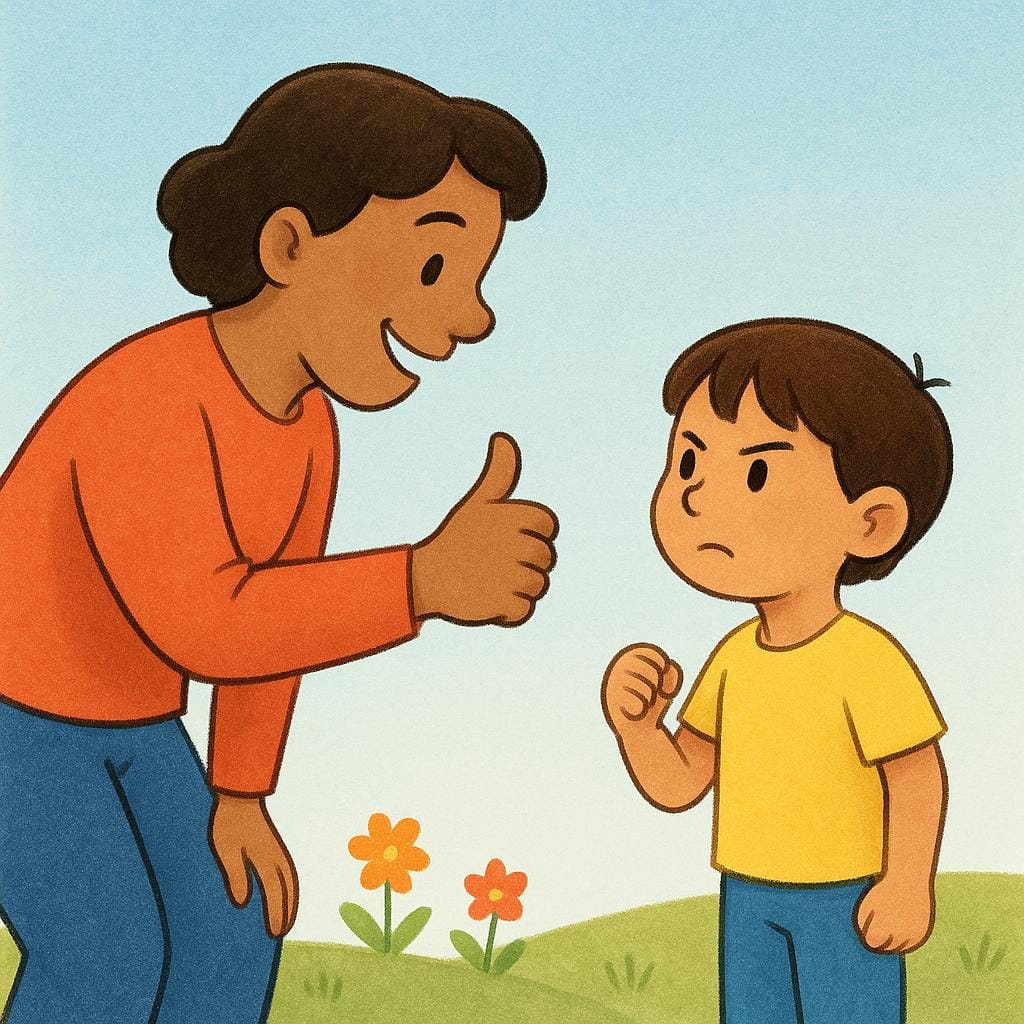 Uma figura alegre dando um sinal de 'joinha' e um sorriso encorajador a uma figura menor e determinada, simbolizando apoio não físico.