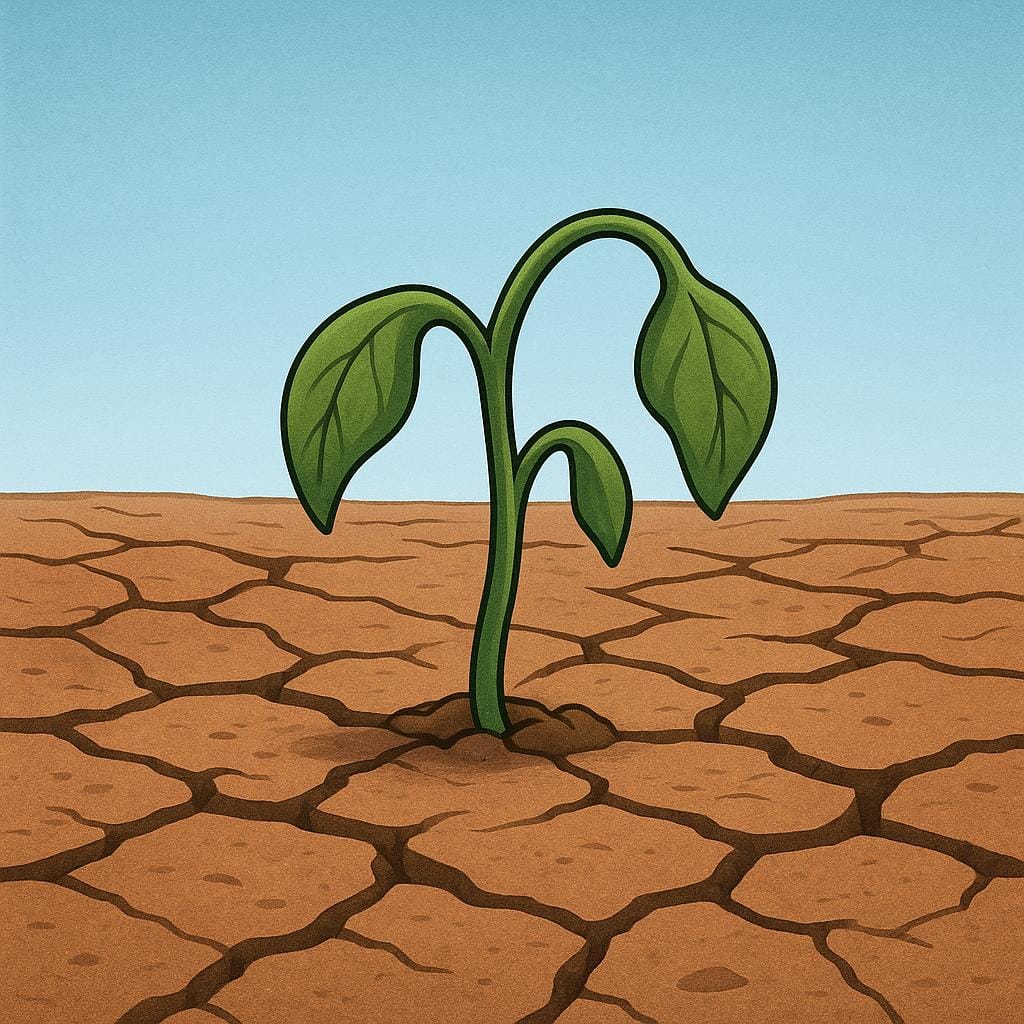 A small, droopy plant sitting in dry, cracked brown earth, indicating a lack of water.
