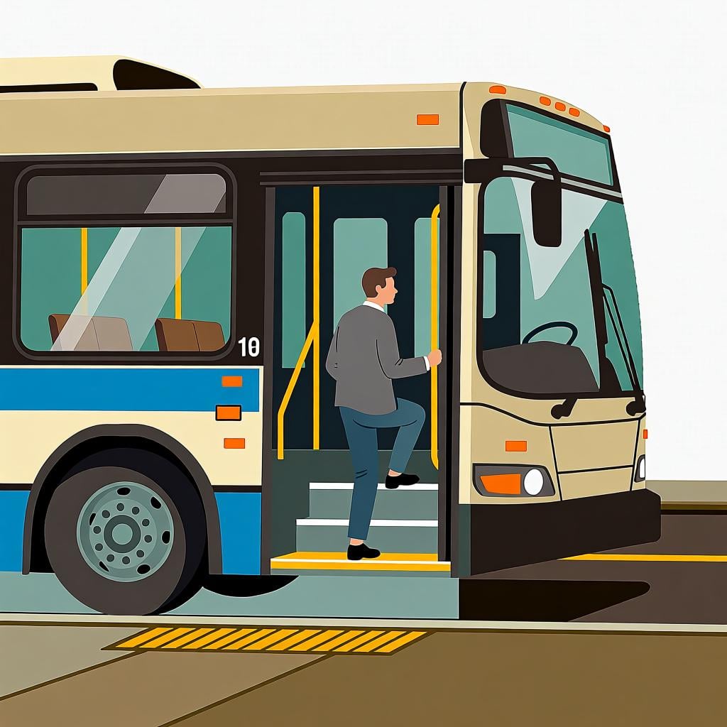 A person stepping up into the open doorway of a large public city bus, ready to board.
