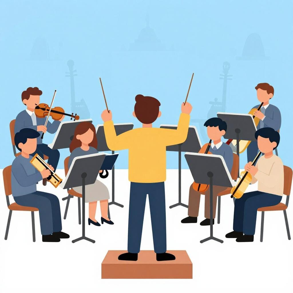 A conductor leading a large orchestra with a baton.
