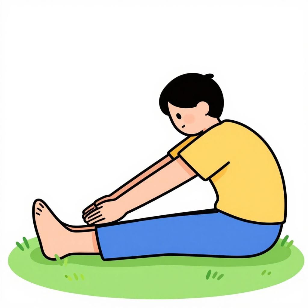 A colorful illustration of a person easily touching their toes while sitting on a green field.