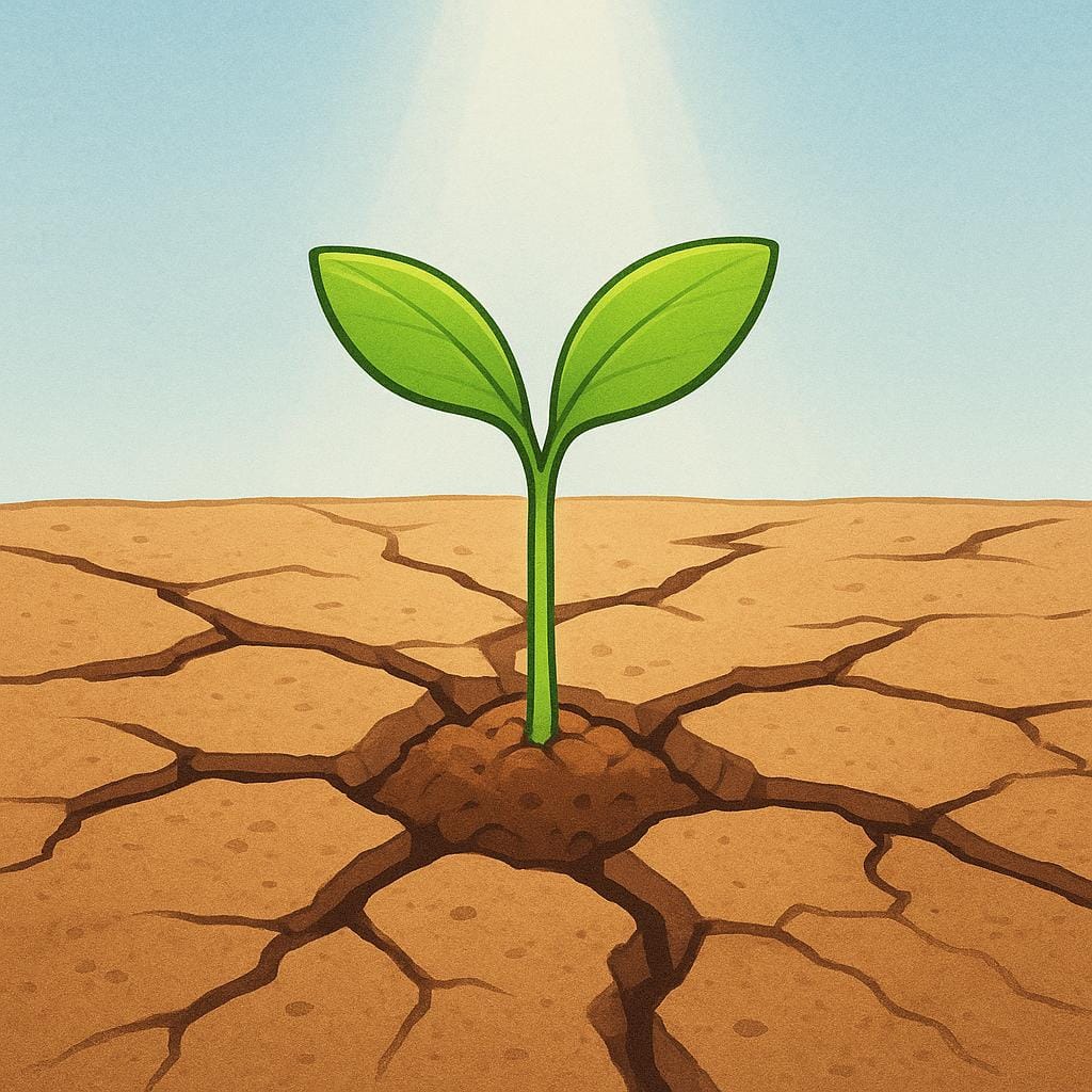 A small, resilient bright green sapling growing vigorously and pushing its way up through a large, cracked piece of dry, brown earth, symbolizing resilience.