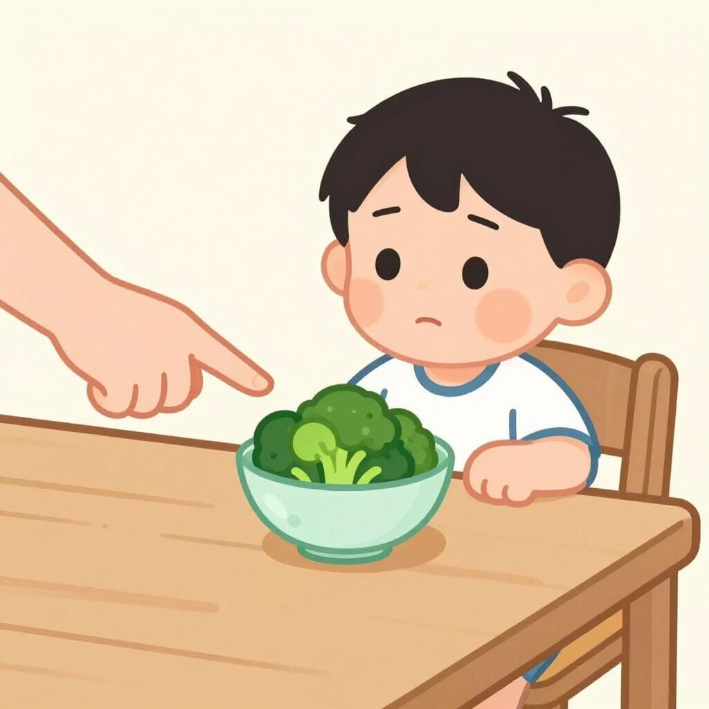 A child being gently but firmly guided by their parent's hand towards a bowl of broccoli on a table.