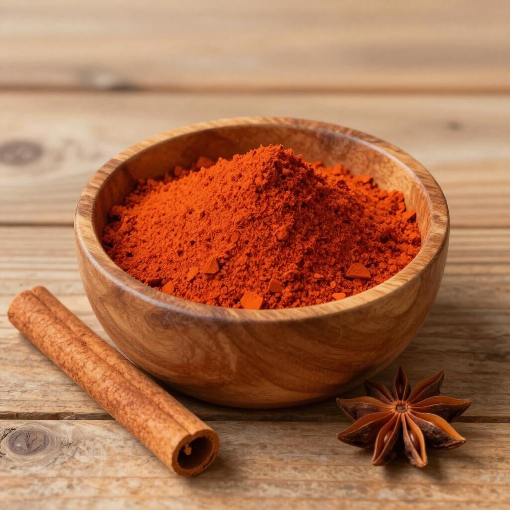 Uma tigela de madeira cheia de uma pilha de tempero vibrante, moído, de cor avermelhada-alaranjada, ao lado de paus de canela inteiros e anis estrelado.