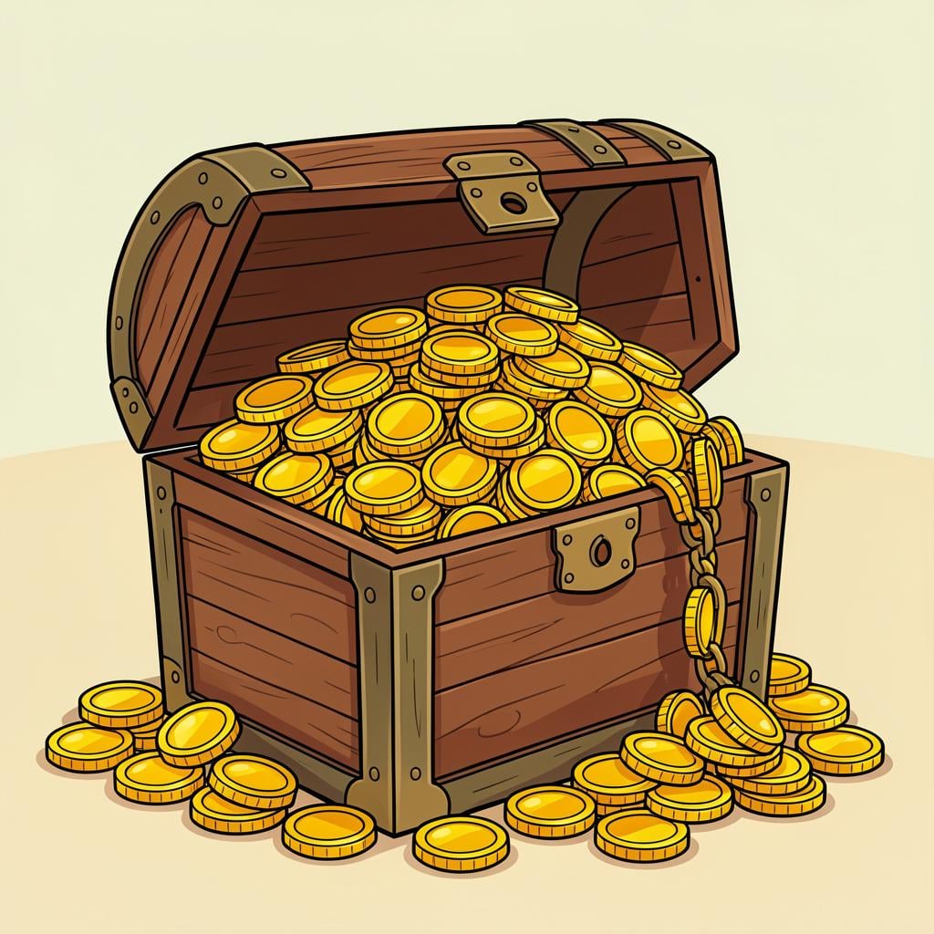 A large, overflowing treasure chest filled with gold coins.
