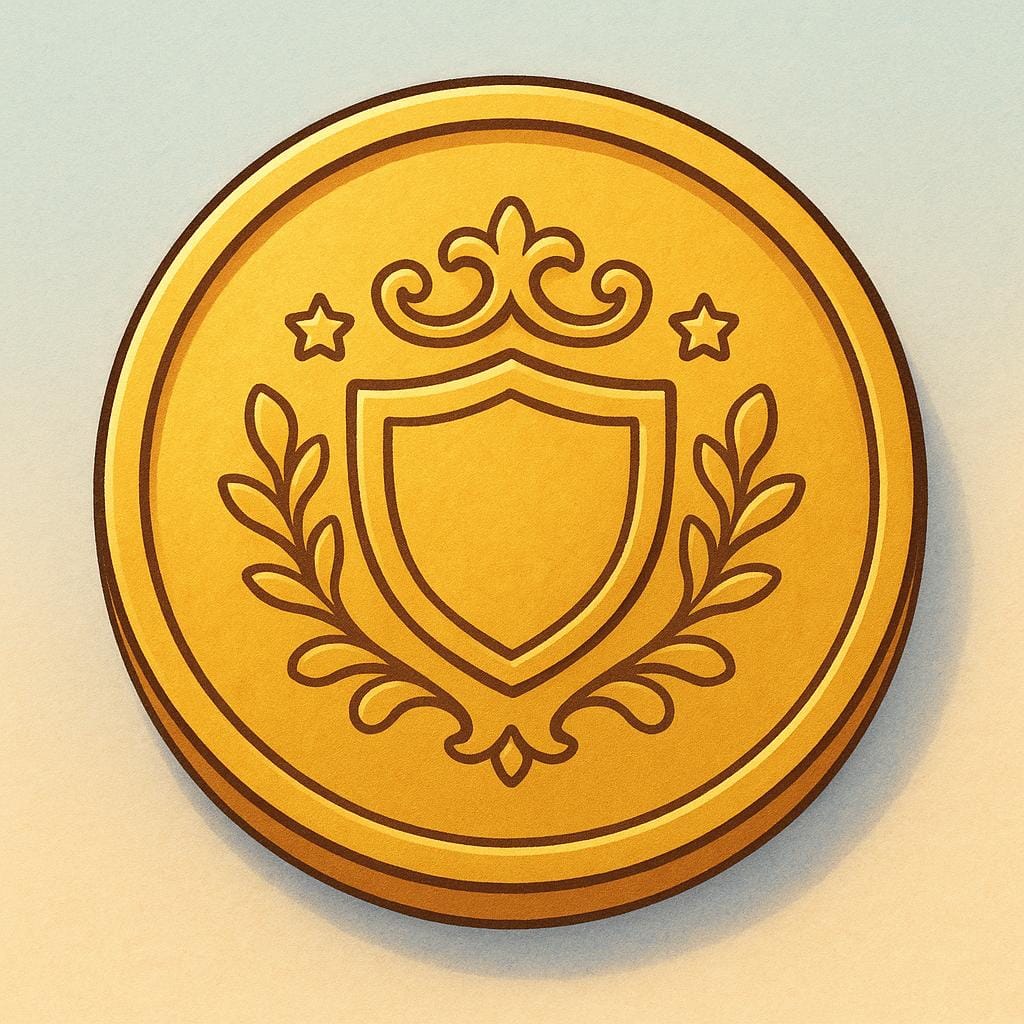 Een close-up illustratie van de achterkant van een gouden munt, met een eenvoudig, decoratief wapenschildontwerp en geen tekst.